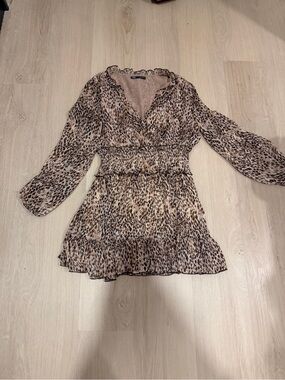 Zara Leopard Print Long Sleeve Smocked Mini Dress - Beige Brown Black